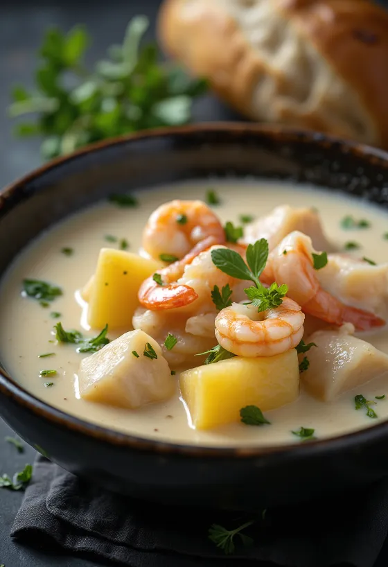 Cullen skink tenger gyümölcseivel, krémes halleves tálalva