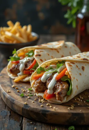Dürüm kebab tekercs grillezett hússal, zöldségekkel, joghurtos szósszal és sült krumplival tálalva