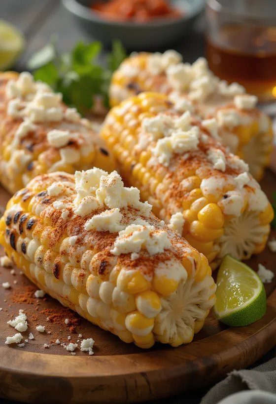 Elote tejfölös szósszal, frissen tálalva, fűszeres kukoricával és parmezánnal.
