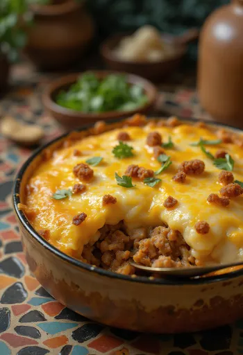 Escondidinho de mandioca, pürésített mandioca és sertéshús rétegekkel