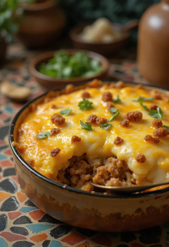 Escondidinho de mandioca, pürésített mandioca és sertéshús rétegekkel