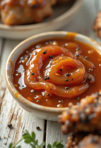 Fűszeres mézes barbecue szósz üvegben, grillezett húsok mellé tálalva