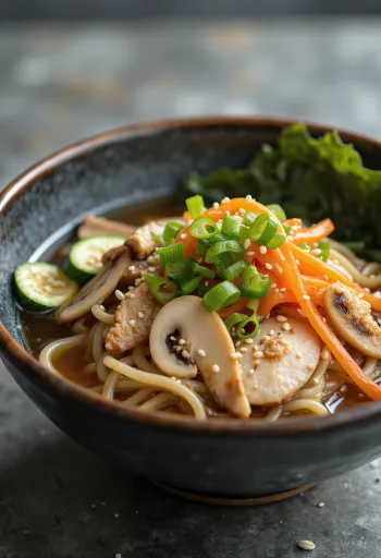 Gomoku udon tálban tálalt udon tészta csirkehússal és zöldségekkel, szójaszószos alaplében