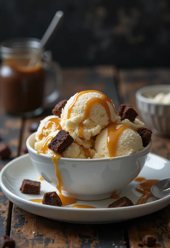 Vaníliás karamellás brownie fagylalt tálalva