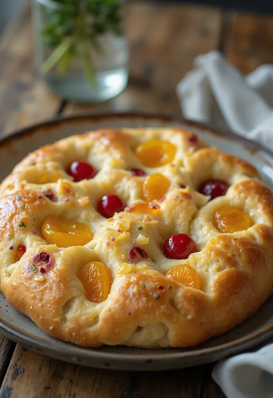 Kandírozott gyümölcsös focaccia tálalva
