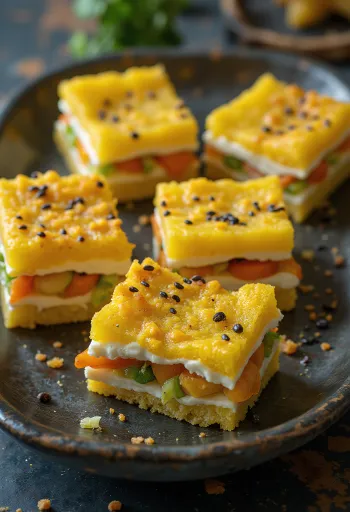 Khaman sandwich dhokla, zöldséges töltelékkel és friss korianderrel díszítve