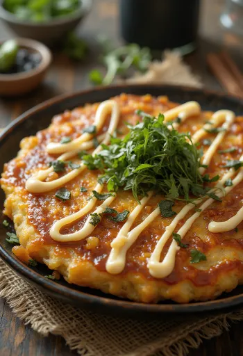Klasszikus okonomiyaki tálalva, okonomiyaki szósszal és bonito pelyhekkel