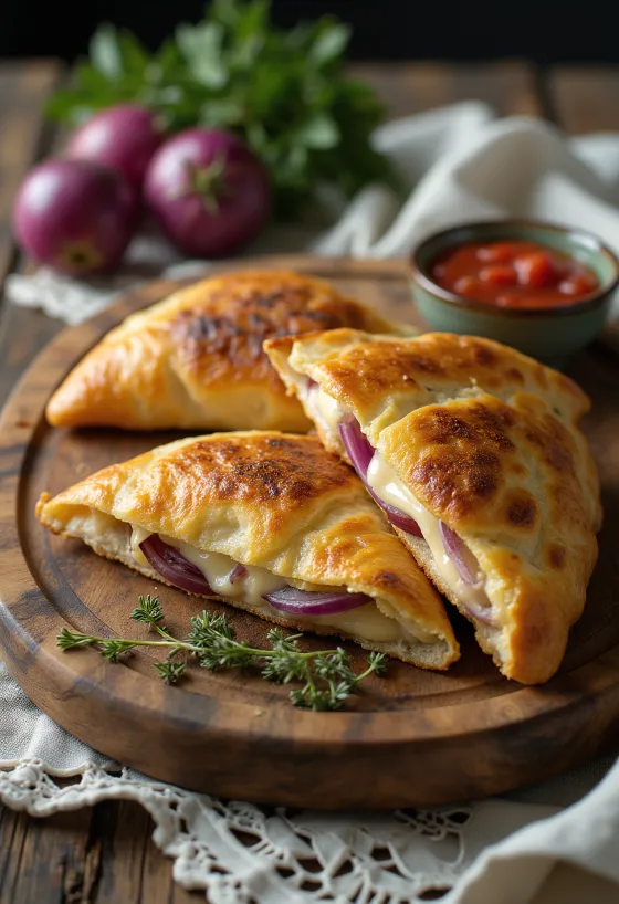 Frissen sült lilahagymás-sajtos calzone