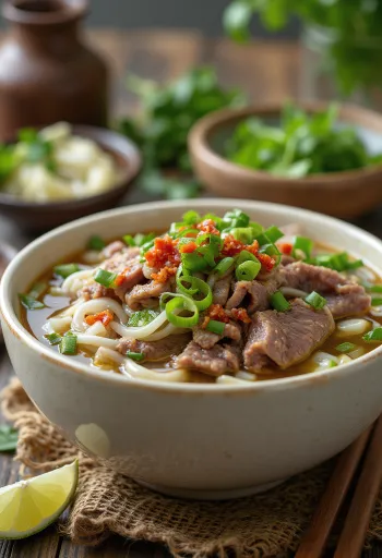 Marha Phở tészta forró alaplével, friss zöldfűszerekkel és lime-mal tálalva