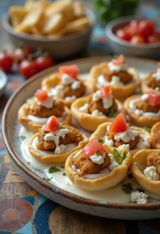 Mini pita falatkák csirkével és friss zöldségekkel