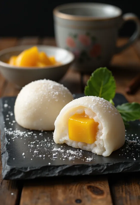 Mochi mangóval, krémes töltelékkel, friss mangó darabokkal a belsejében