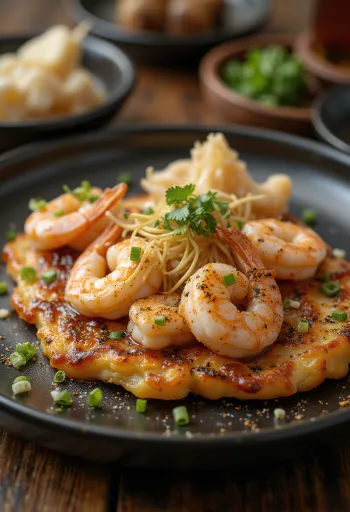 Garnélával készült okonomiyaki tálalva, okonomiyaki szósszal és bonito pelyhekkel