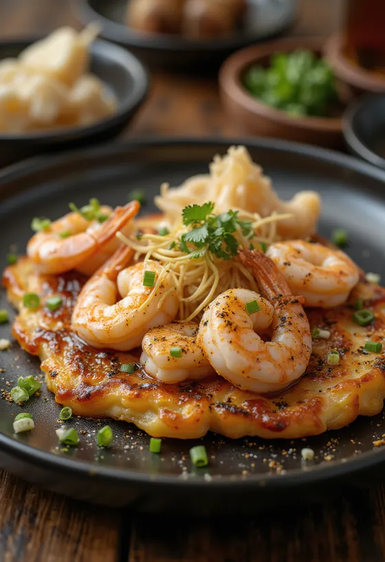 Garnélával készült okonomiyaki tálalva, okonomiyaki szósszal és bonito pelyhekkel