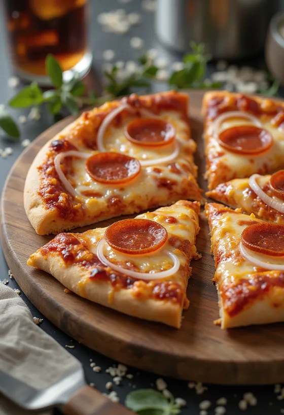 Pepperoni pizza hagymával tálalva