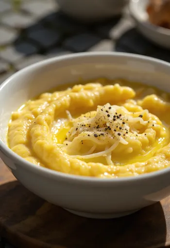 Polenta sajttal és vajjal, reszelt parmezánnal és mozzarella sajttal tálalva