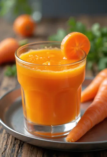 Répa juice magas pohárban, friss sárgarépával és gyümölcsökkel díszítve