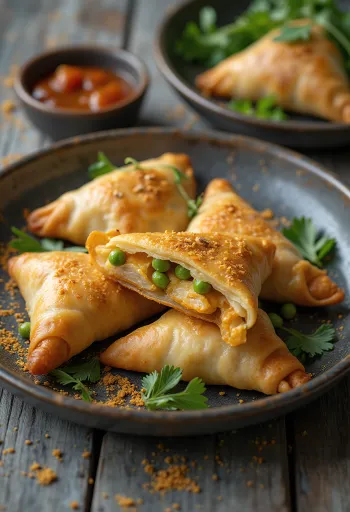 Samosa csirkehúsos töltelékkel, friss korianderrel tálalva