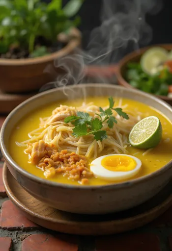 Soto ayam korianderrel, indonéz csirkeleves, kókusztejjel és friss fűszerekkel