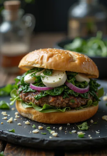 Spenótos-kecskesajtos burger tálalva