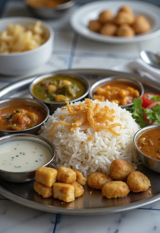 Thali dél-indiai stílusban, zöldségraguval, tofuból készült kísérővel, sült hagymával és friss korianderrel díszítve