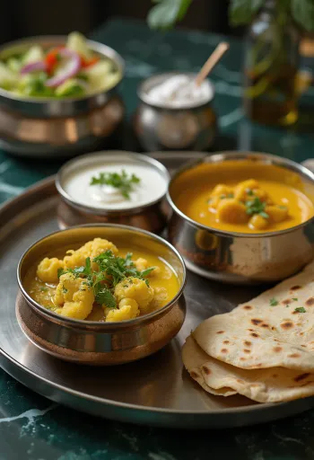 Thali észak-indiai stílusban, basmati rizzsel, aloo gobival, dal-lal, chapatival és pappadammal