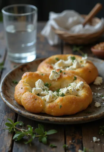 Tiganopsomo feta és petrezselyemmel, tálalva friss kenyérrel és ropogós feta sajttal.