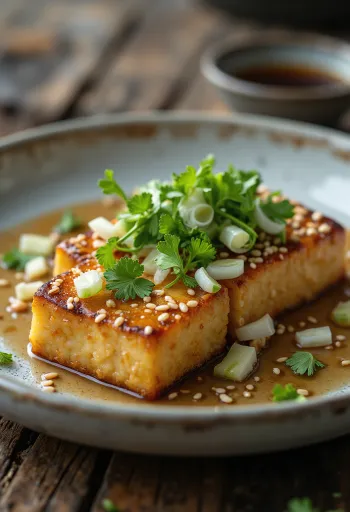 Tofu steak szezámmaggal és friss korianderrel díszítve