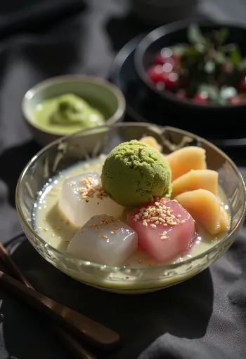 Anmitsu tálalva gyümölcsökkel, anko-val és matcha fagylalttal