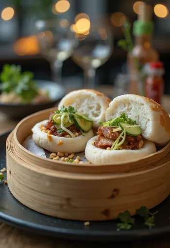 Bao sült füstölt hússal tálalva, friss korianderrel és hoisin szósszal