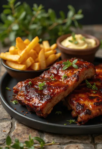 BBQ bordák fűszeres sült krumplival tálalva
