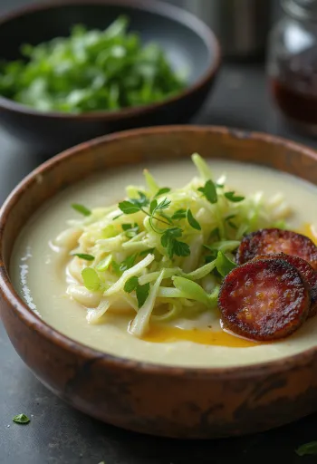 Caldo verde burgonyával, chorizóval tálalva