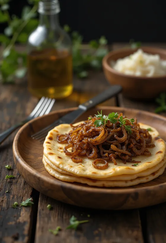 Chapati sült hagymával, frissen sütve, tálalva