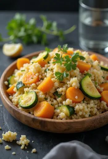 Klasszikus couscous tálalva, zöldségekkel, friss korianderrel és olívaolajjal