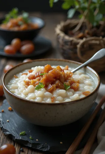 Datolyás Congee tál friss datolyával és mézzel díszítve