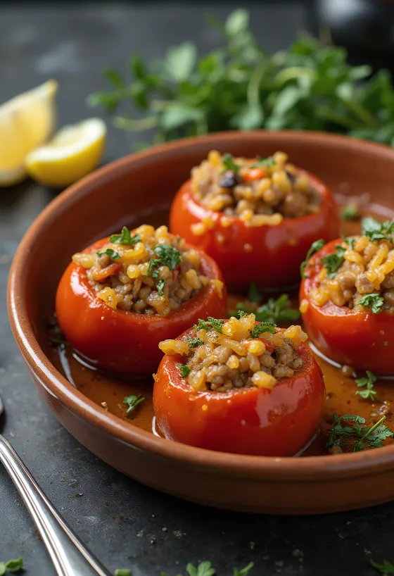 Dolma paradicsomban, rizstöltelékkel, olívaolajjal megöntözve és friss fűszerekkel tálalva