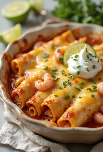 Enchilada tenger gyümölcseivel, gazdag fűszeres szószban tálalva