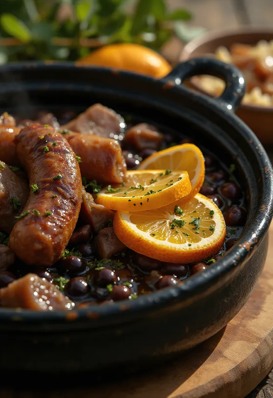 Feijoada fekete babbal és sózott sertéshússal tálalva