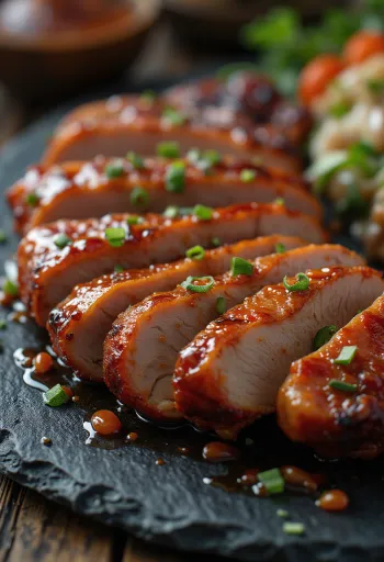 Füstölt sertéstarja édes-chilis mázzal tálalva