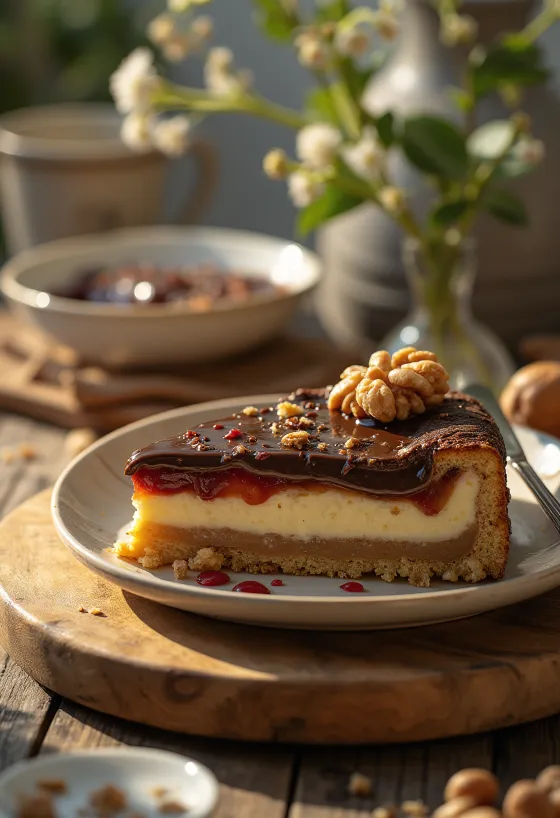 Gesztenyés linzer torta csokoládéval és lekvárral díszítve
