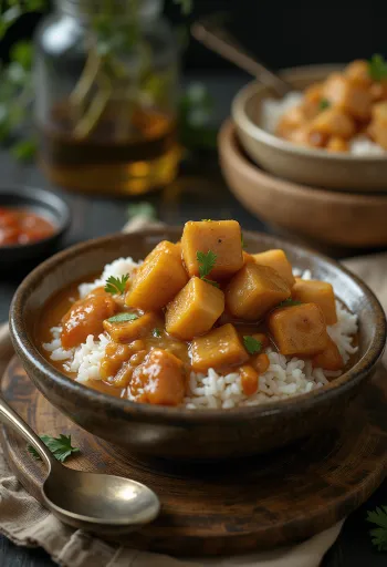 Gudeg tempeh-vel, indonéz étel jackfruit és tempeh kombinációjával, gazdag kókusztej szószban