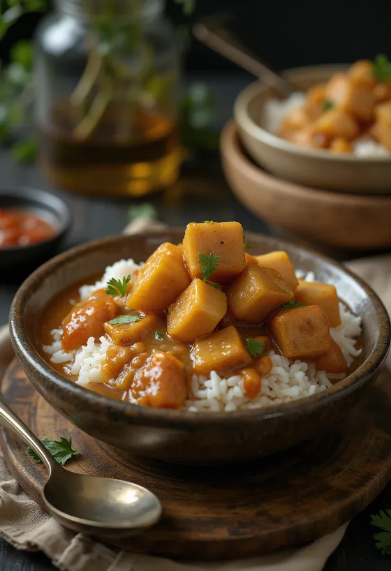 Gudeg tempeh-vel, indonéz étel jackfruit és tempeh kombinációjával, gazdag kókusztej szószban