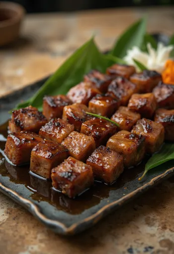 Gyutan yakitori marha nyelv pálcikán, szezámmaggal és friss zöldhagymával tálalva
