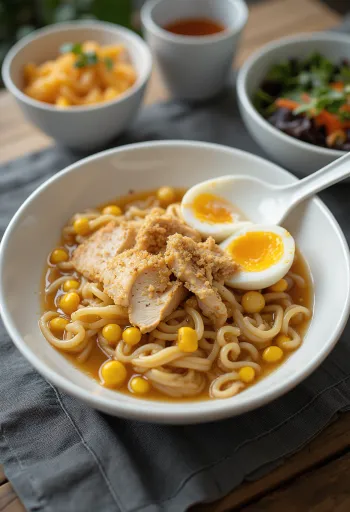 Instant Noodle Ramen tálalva tojással, csirkével és kukoricával