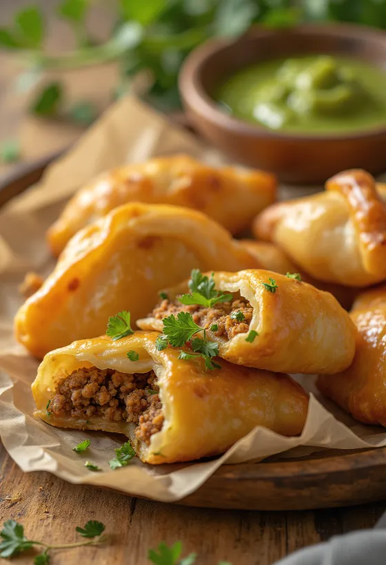 Kachori fűszeres hússal, tálalva friss korianderrel