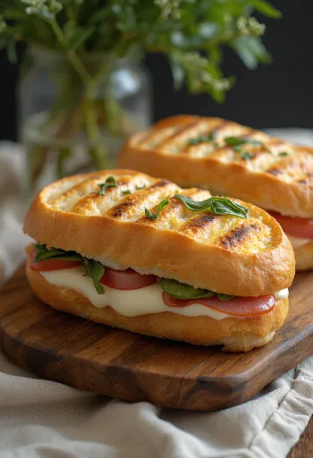 Klasszikus panini szendvics sonkával és mozzarellával, pesto szósszal