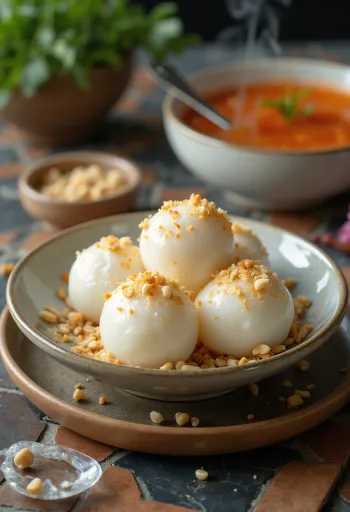 Korianderes Tangyuan frissen tálalva, kókuszreszelékkel és szezámmaggal