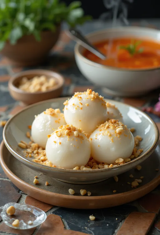 Korianderes Tangyuan frissen tálalva, kókuszreszelékkel és szezámmaggal