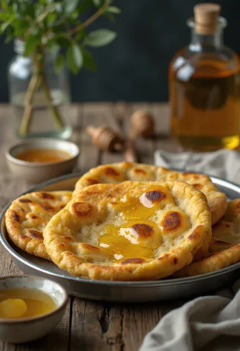 Makki Ki Roti mézzel, ropogós kukoricakenyér tálalva mézzel