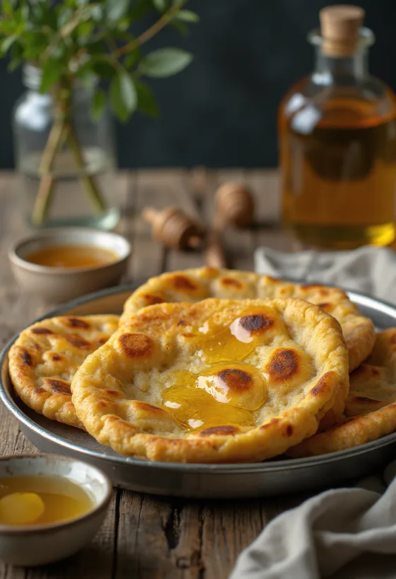 Makki Ki Roti mézzel, ropogós kukoricakenyér tálalva mézzel