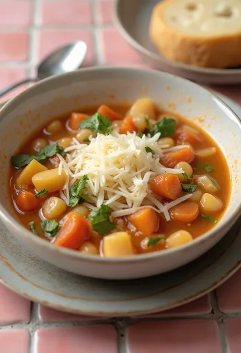 Minestrone parmezán sajttal, tálaláskor megszórva frissen reszelt sajttal